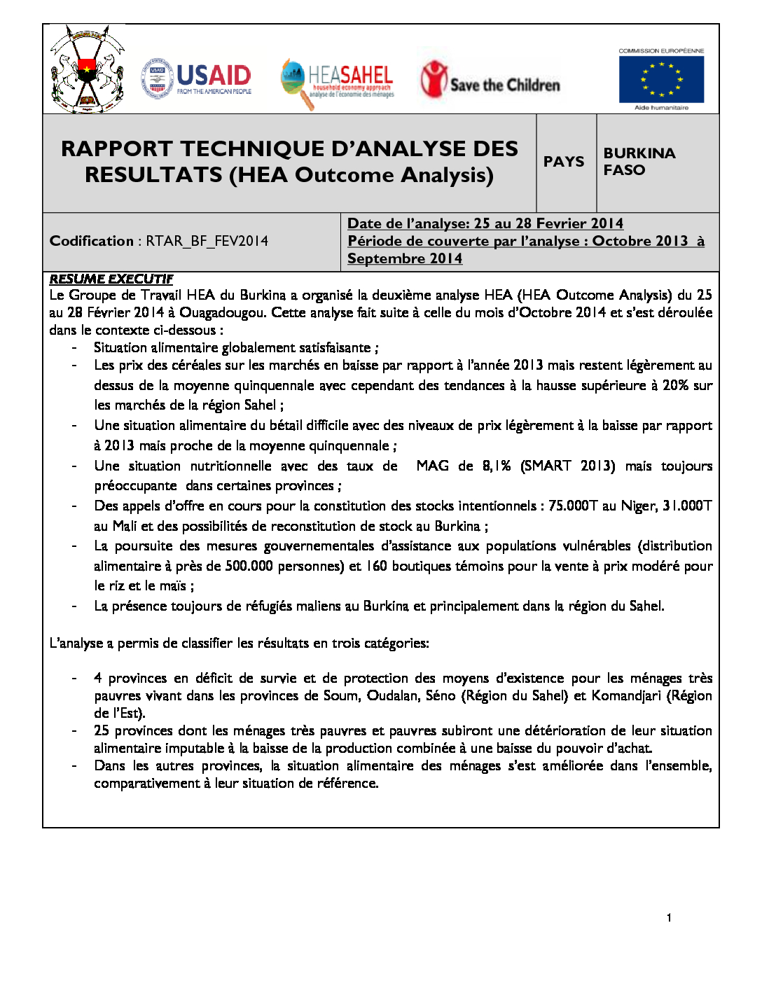 Rapport Analyse resultats - Burkina Faso - Fevrier 2014