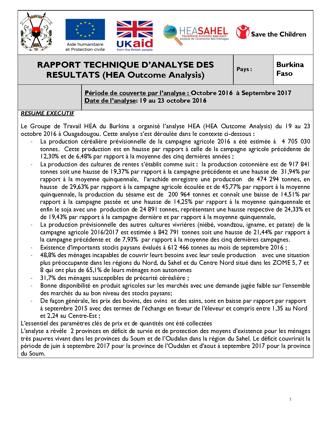 Rapport Analyse Resultats - Burkina Faso - Novembre 2016