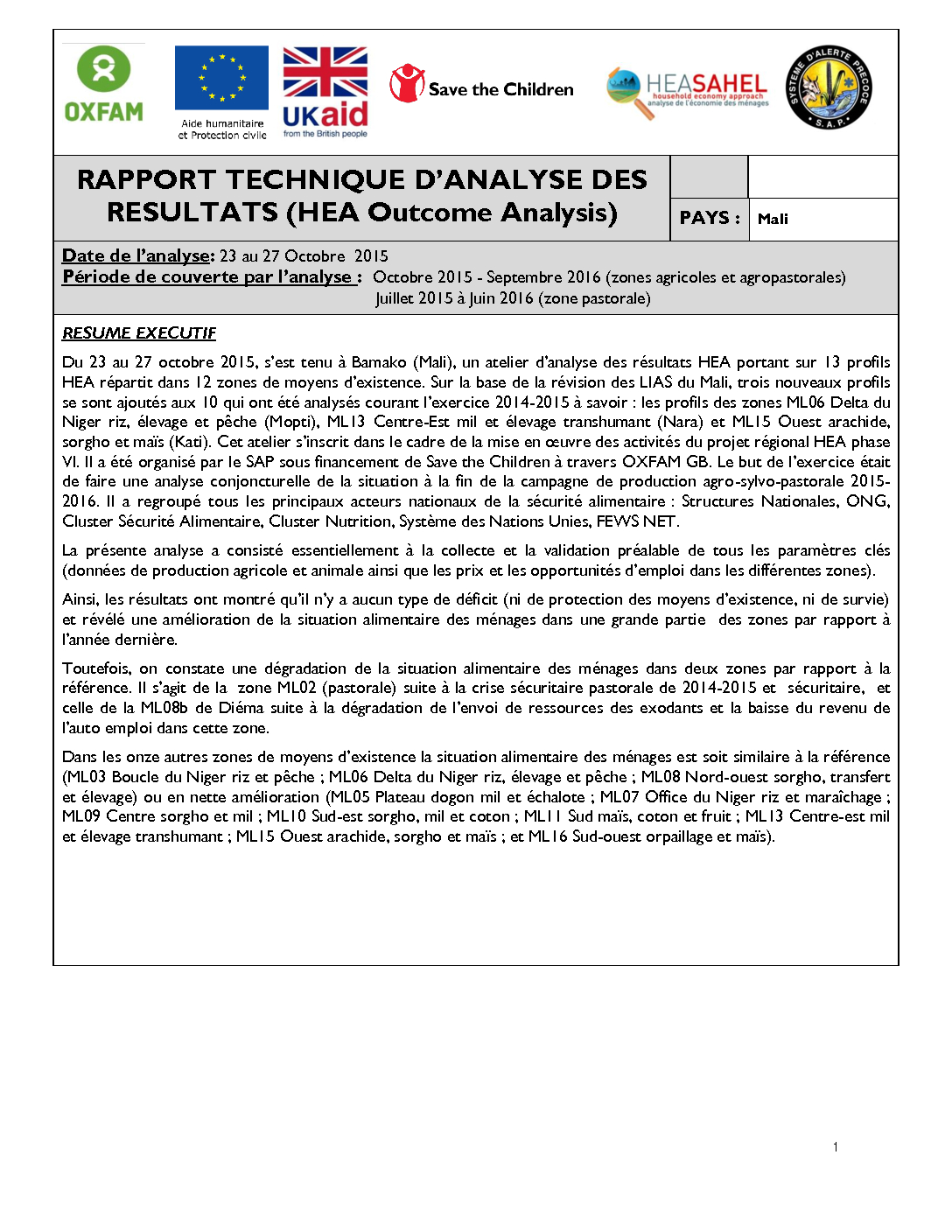 Rapport Analyse Résultats - Mali - Octobre 2015