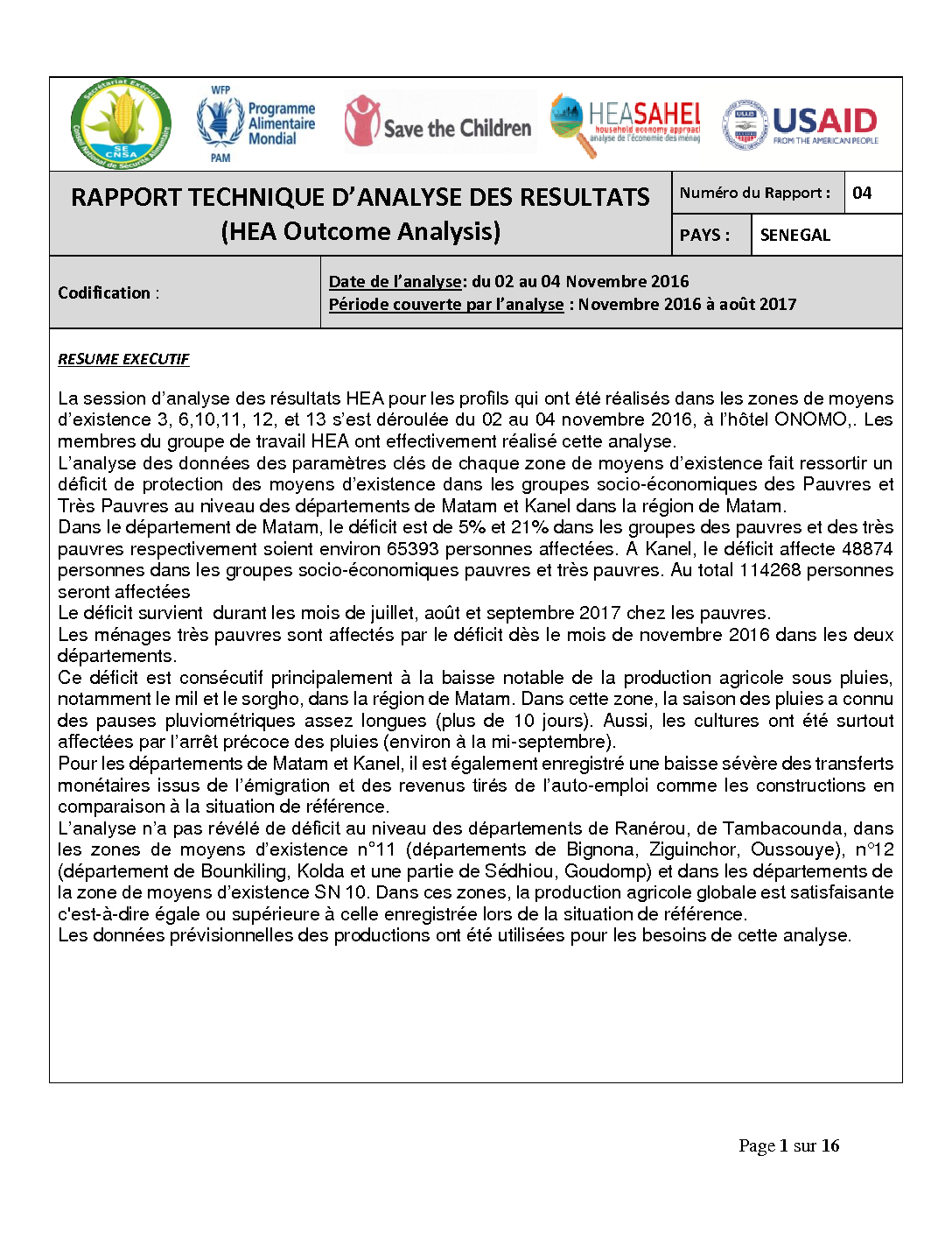 Rapport Analyse Resultats - Senegal - Novembre 2016
