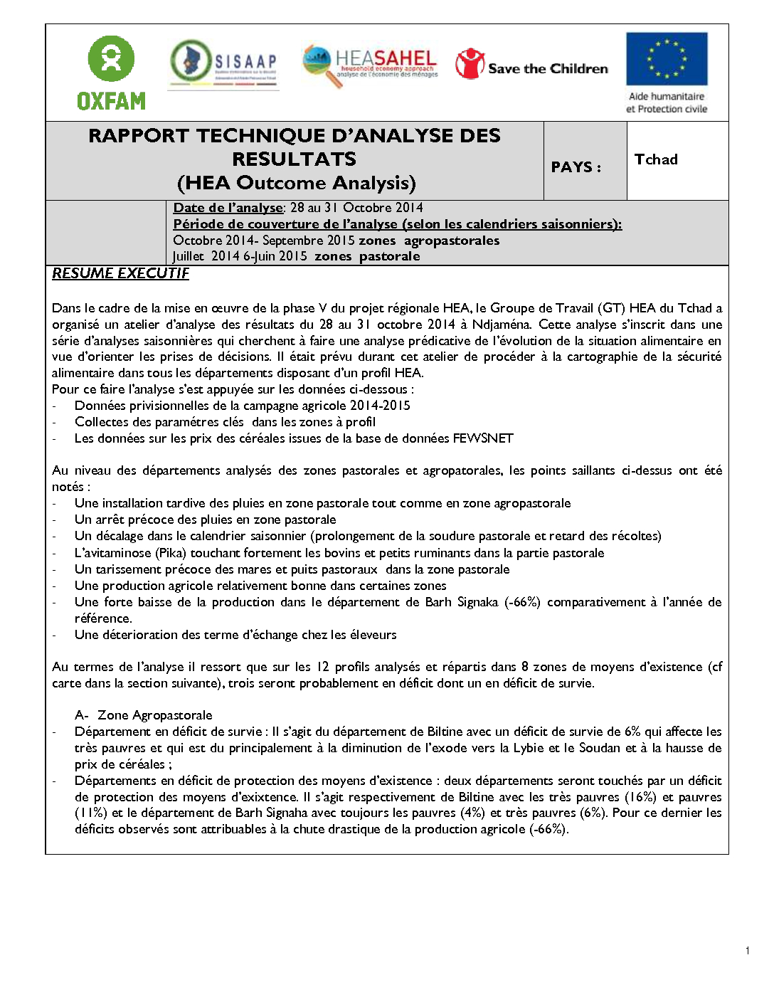 Analyse Resultats - Tchad - Octobre 2014