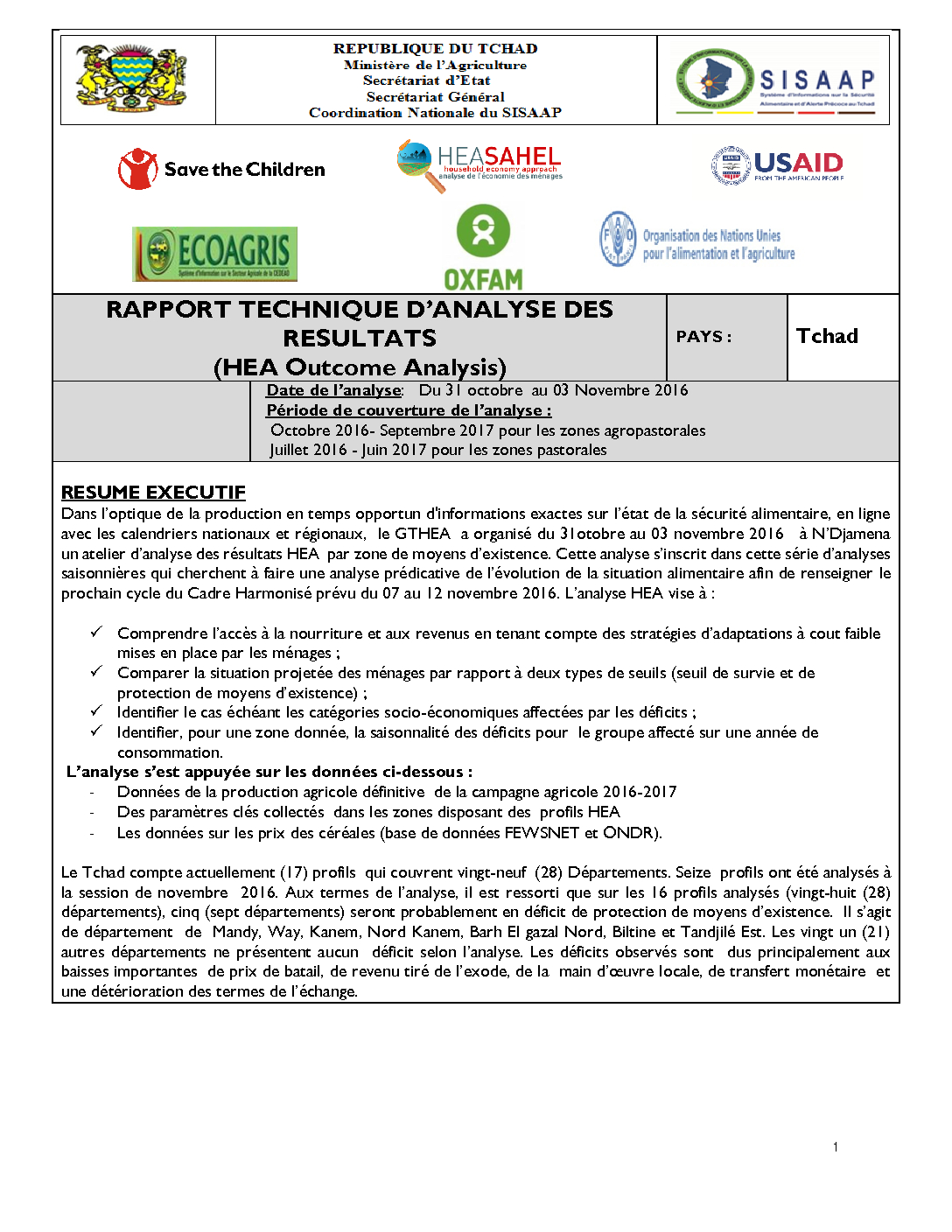Rapport Analyse Resultats - Tchad - Novembre 2016